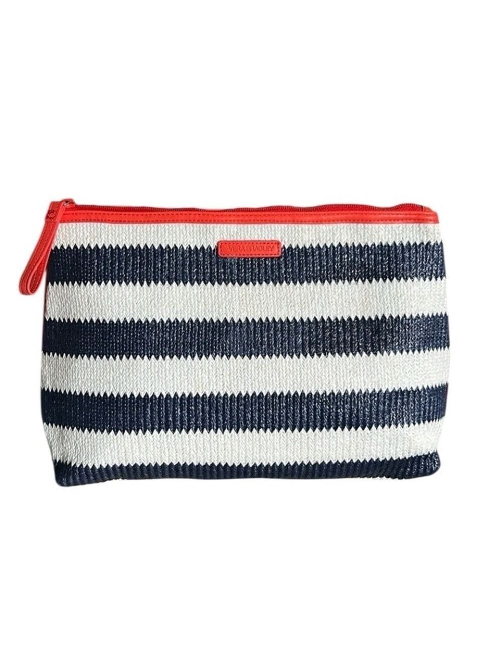 Vera Bradley Beach Navy & White Stripe with Coral Straw Woven Cosmetic Beach Bag